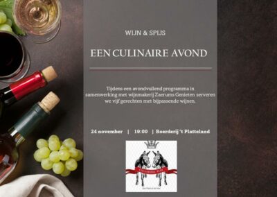 Wijn & Spijs, Een Culinaire Avond Arrangement – 24 november 19:00 uur
